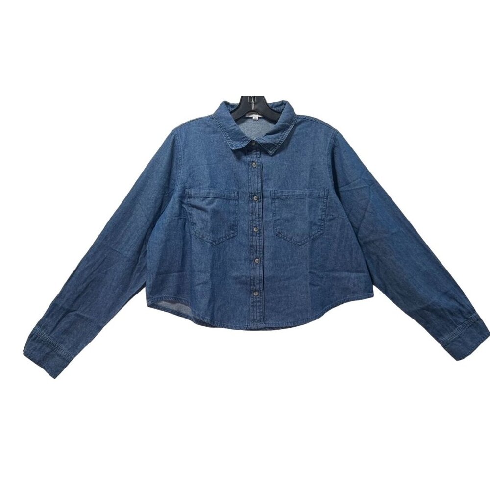 Sweet Envy- Women's Chambray Long Sleeve Button Down Shirt With Pockets- Blue- M